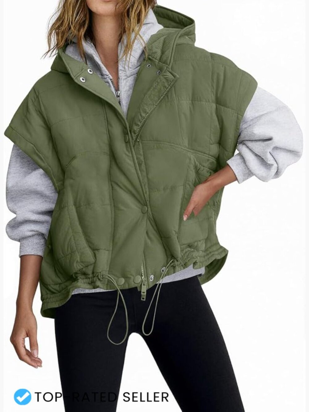 Oversized Quilted Puffer Vest Hooded Cap Sleeve Warm Trendy Winter Outerwear